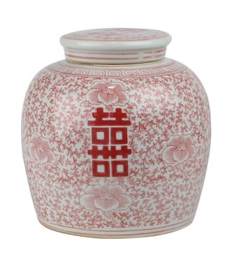 Fine Asianliving Tarro de Jengibre Chino Rojo Blanco Boble Felicidad D23xH23cm