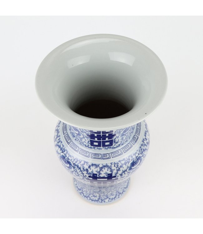 Jarrón Chino de Porcelana Doble Felicidad Azul Blanca D21xAlto35cm
