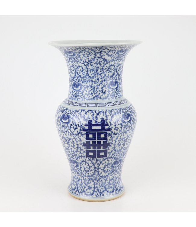 Vase Chinois Bleu Blanc Double Bonheur Porcelaine D21xH35cm