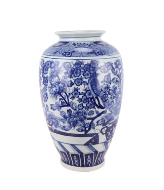 Fine Asianliving Vase Chinois Bleu Blanc Porcelaine Chinois Roses Oiseaux D23xH37cm