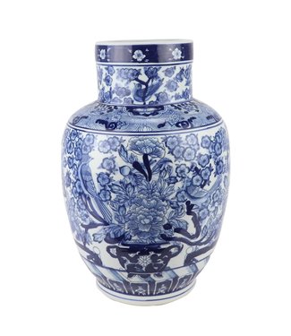 Fine Asianliving Chinesische Vase Blau Weiß Porzellan Rosen und Vögel D28xH42cm