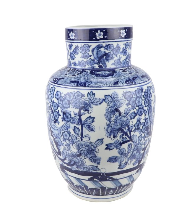 Vase Chinois Bleu Blanc Porcelaine Chinois Roses Oiseaux D28xH42cm