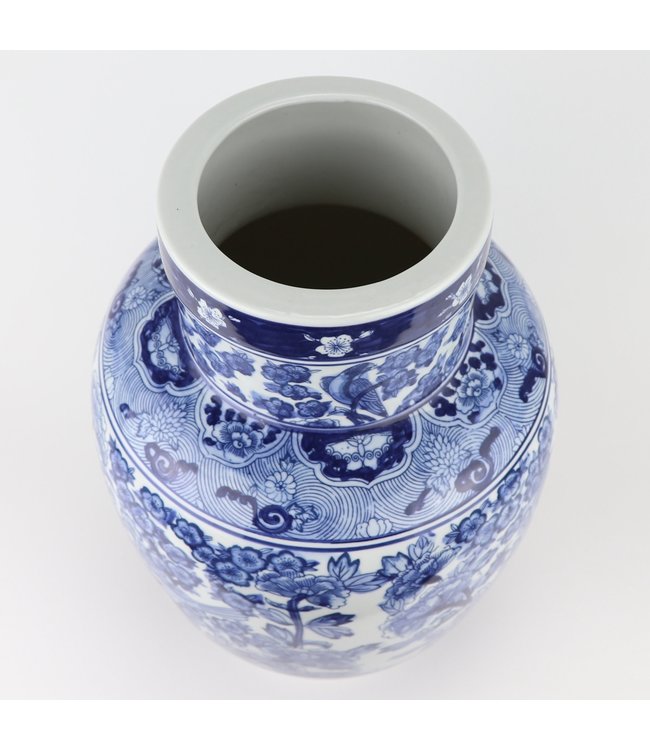 Chinesische Vase Blau Weiß Porzellan Rosen und Vögel D28xH42cm