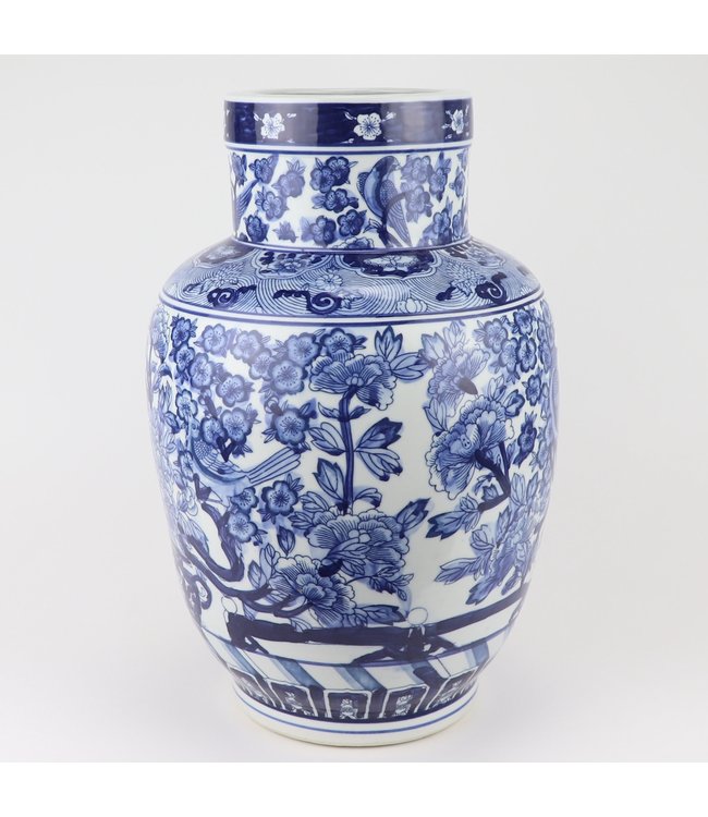 Jarrón Chino de Porcelana Azul Blanca Rosas Pájaros D28xAlto42cm