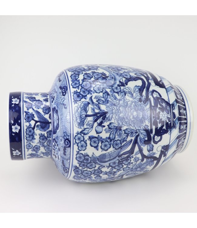 Jarrón Chino de Porcelana Azul Blanca Rosas Pájaros D28xAlto42cm