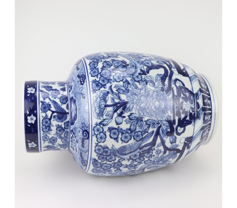 Vase Chinois Bleu Blanc Porcelaine Chinois Roses Oiseaux D28xH42cm