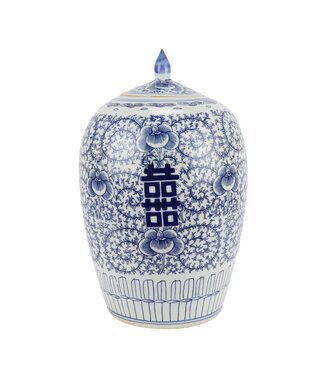 Fine Asianliving Pot à Gingembre Chinois Bleu Blanc Porcelaine Double Bonheur D22xH35cm