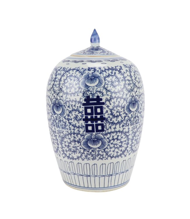 Tarro de Jengibre Chino Templo Porcelana Doble Felicidad Azul Blanca D22xAlto35cm