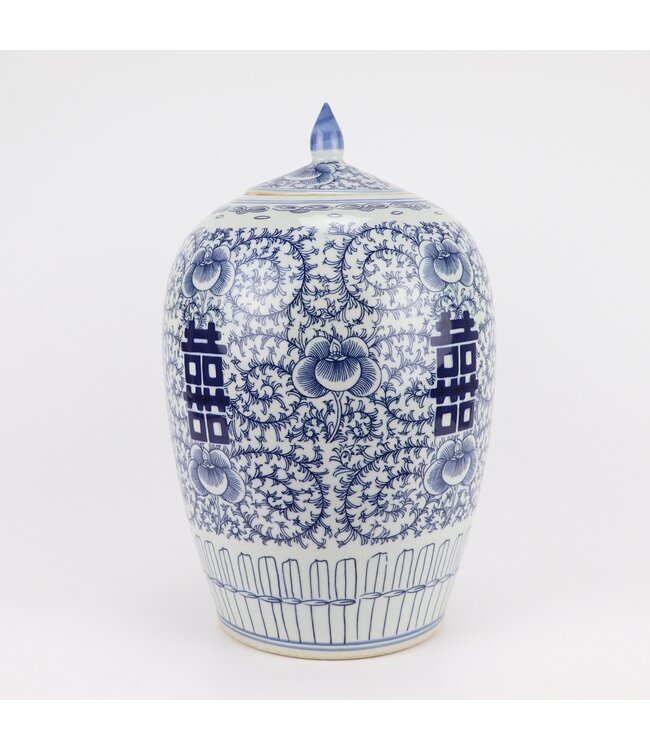 Tarro de Jengibre Chino Templo Porcelana Doble Felicidad Azul Blanca D22xAlto35cm