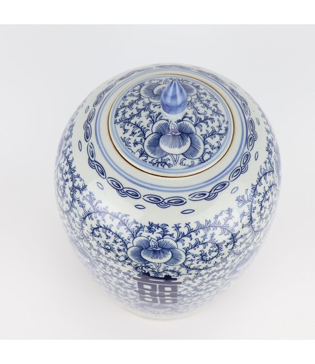 Chinesische Deckelvase Blau Weiß Porzellan Doppeltes Glück D22xH35cm
