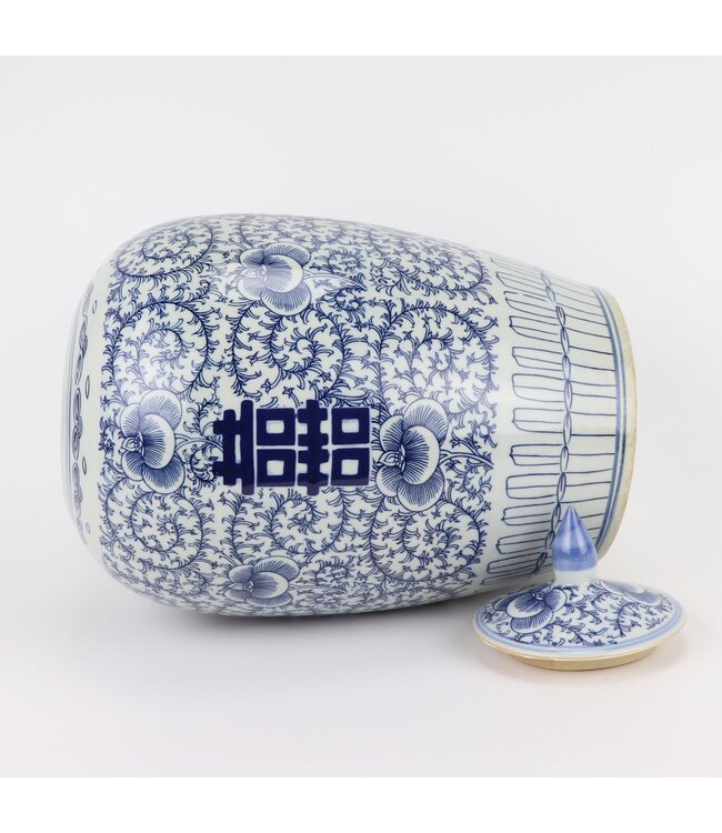 Tarro de Jengibre Chino Templo Porcelana Doble Felicidad Azul Blanca D22xAlto35cm