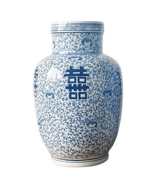 Fine Asianliving Vase Chinois Bleu Blanc Double Bonheur Porcelaine D28xH42cm