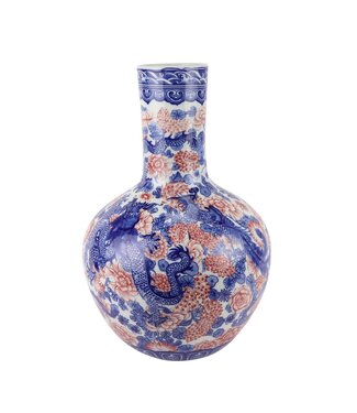 Fine Asianliving Chinesische Vase Blau Weiß Roter Drache Porzellan D20xH40cm