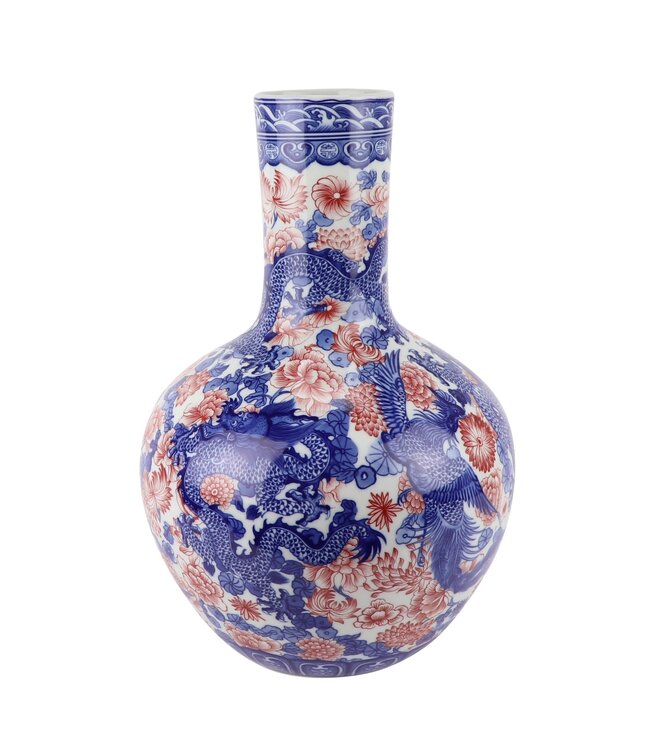Jarrón Chino de Porcelana Dragón Azul Blanca Rojo D20xAlto40cm