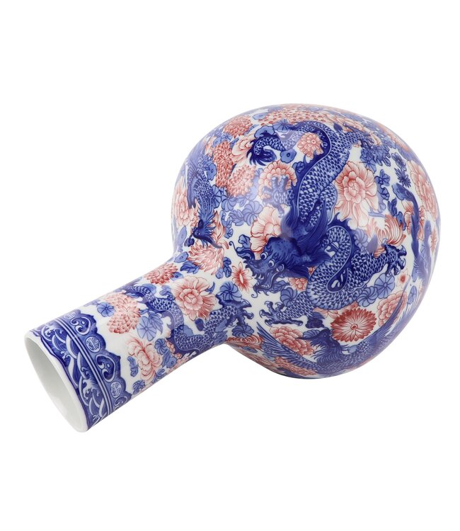 Vase Chinois Bleu Blanc Rouge Dragon Porcelaine D20xH40cm