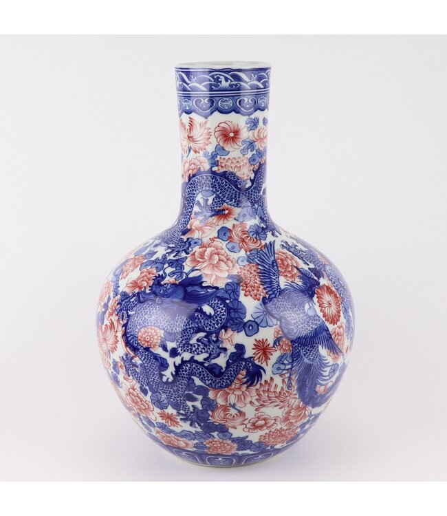 Chinesische Vase Blau Weiß Roter Drache Porzellan D20xH40cm