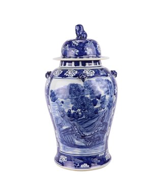 Fine Asianliving Chinesische Vase mit Deckel Blau Weiß Porzellan handbemalte Vögel D26xH50cm