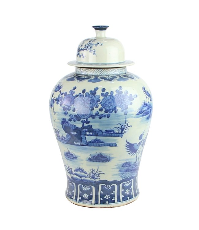 Chinese Gemberpot Blauw Wit Porselein Handgeschilderd Vogels D30xH50cm