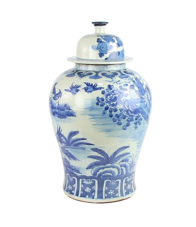 Ginger Jar Cinese Porcellana Blu Bianca Uccelli Dipinti a Mano D30xH50cm