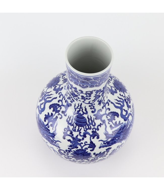 Chinesische Vase Blau Weiß Porzellan Drache D22xH34cm