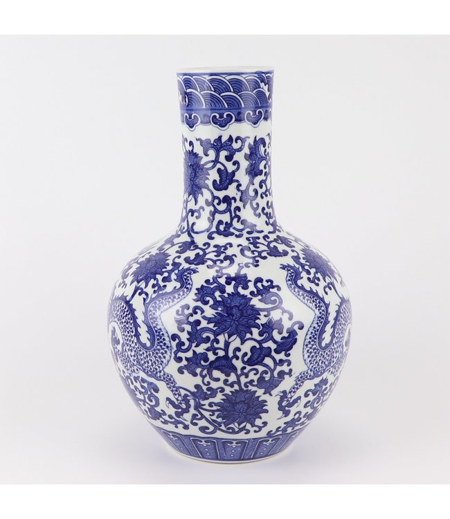 Chinesische Vase Blau Weiß Porzellan Drache D22xH34cm