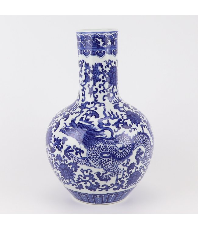 Chinesische Vase Blau Weiß Porzellan Drache D22xH34cm