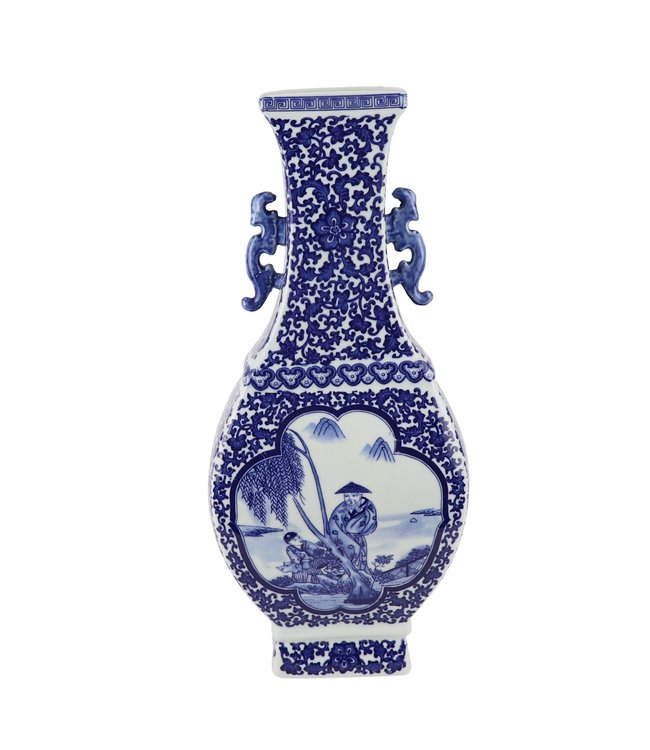 Vase Chinois Bleu Blanc Porcelaine Paysage D15xH45cm