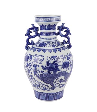Fine Asianliving Chinesische Vase Blau Weiß Porzellan Drache D18xH33cm