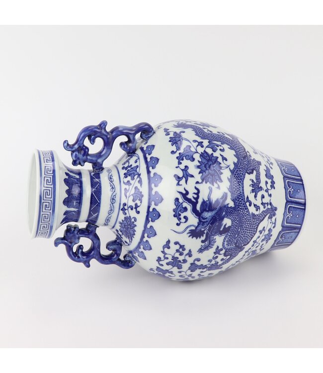 Chinese Vaas Blauw Wit Porselein Draak D18xH33cm