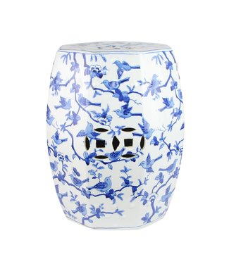 Fine Asianliving Keramische Kruk Blauw Wit Vogels Handgeschilderd D33xH45cm