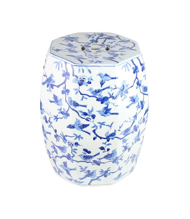 Taburete de Jardín de Cerámica Pintado a Mano Con Pájaros Blancos Azules D33xH45cm