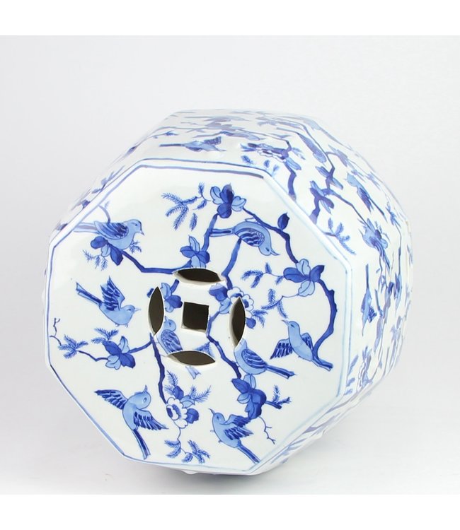 Ceramic Garden Stool Handpainted Blue White Birds D33xH45cm