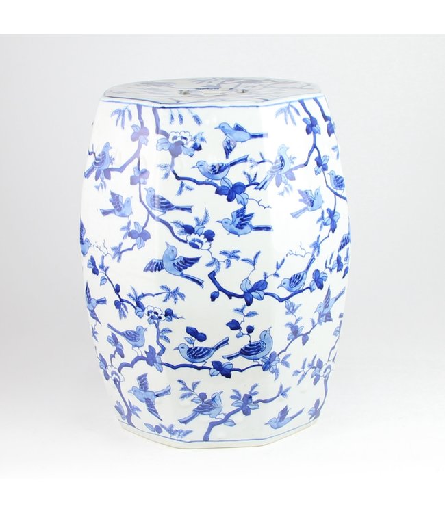 Ceramic Garden Stool Handpainted Blue White Birds D33xH45cm