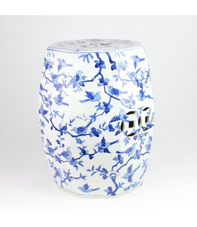 Taburete de Jardín de Cerámica Pintado a Mano Con Pájaros Blancos Azules D33xH45cm