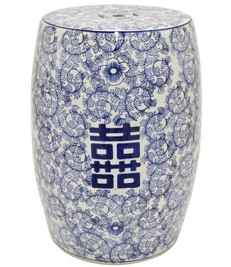 Fine Asianliving PREORDER WEEK 20 Keramik Hocker Blau Weiß Handbemalt Doppeltes Glück D33xH45cm