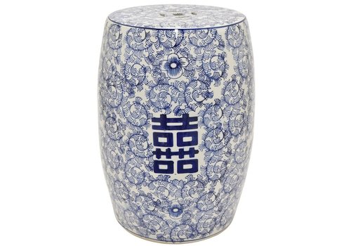 Fine Asianliving Keramik Hocker Blau Weiß Handbemalt Doppeltes Glück D33xH45cm
