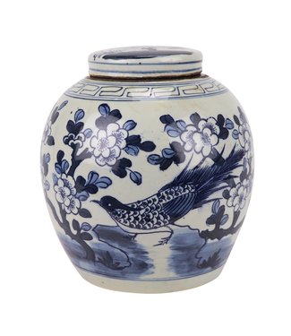 Fine Asianliving Chinesische Vase mit Deckel Blau Weiß Porzellan Handbemalte Vögel D30xH30cm