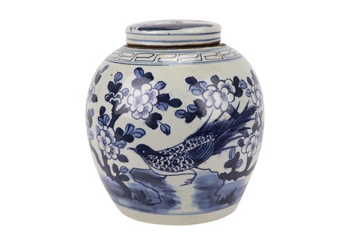 Fine Asianliving Pot à Gingembre Chinois Bleu Blanc Porcelaine Oiseaux Peints à la Main D30xH30cm