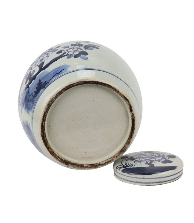 Tarro de Jengibre Chino Templo Porcelana Aves Azul Blanca D25xAlto25cm