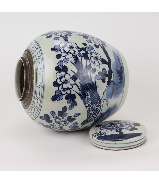 Chinese Gemberpot Blauw Wit Porselein Handgeschilderd Vogels D25xH25cm