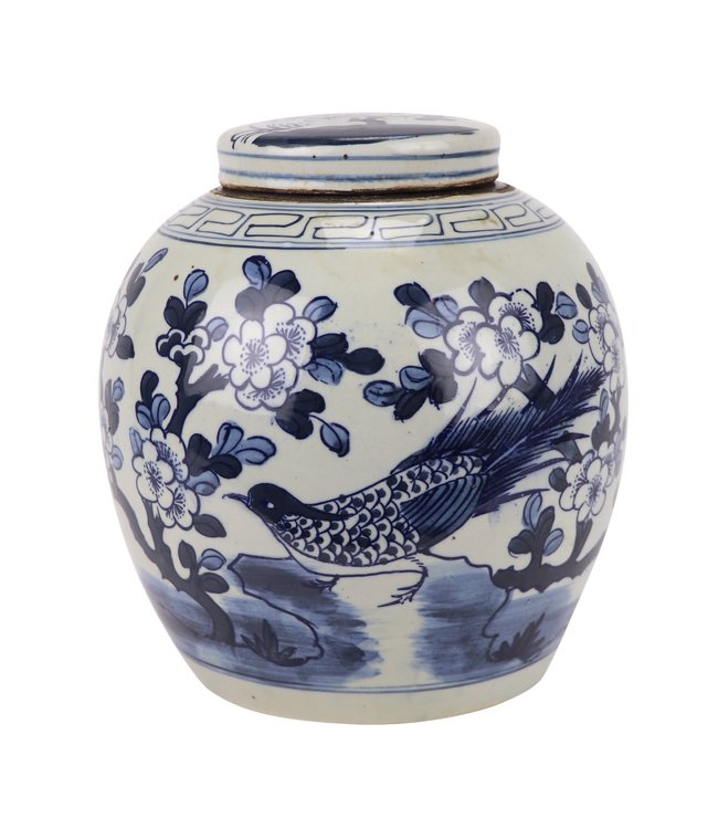 Pot à Gingembre Chinois Bleu Blanc Porcelaine Oiseaux Peints à la Main D25xH25cm