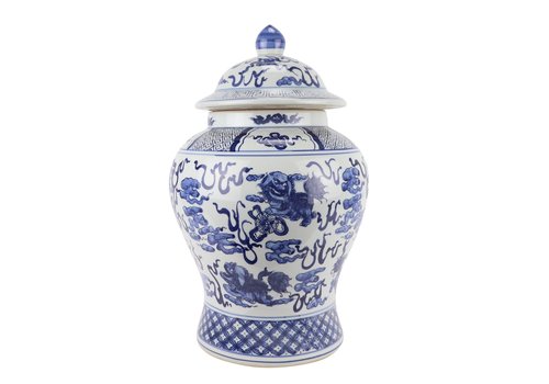 Fine Asianliving Tarro de Jengibre Chino Templo Porcelana Qilin Azul Blanca D40xAlto64cm
