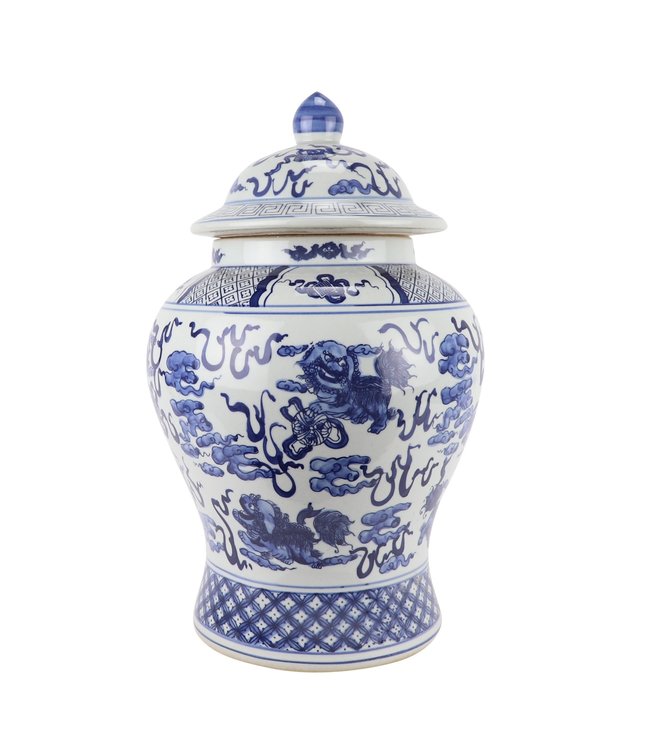 Tarro de Jengibre Chino Templo Porcelana Qilin Azul Blanca D40xAlto64cm