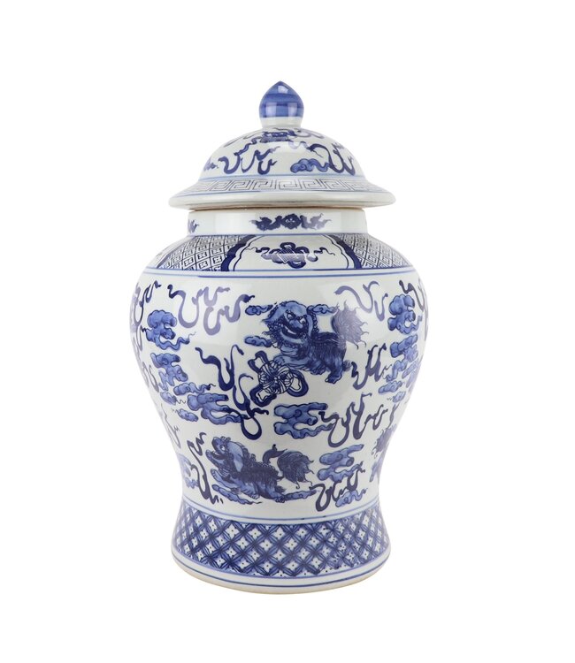 Tarro de Jengibre Chino Templo Porcelana Qilin Azul Blanca D33xAlto53cm