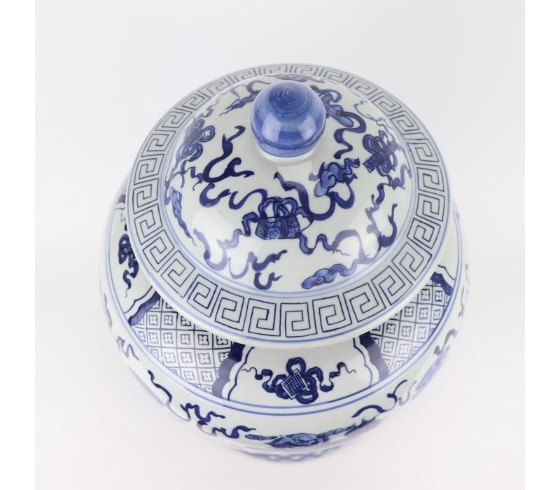 Tarro de Jengibre Chino Templo Porcelana Qilin Azul Blanca D29xAlto46cm