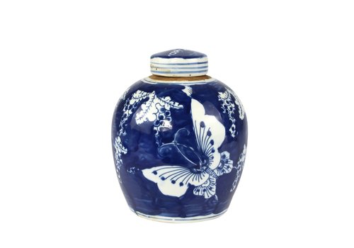 Fine Asianliving Chinesische Deckelvase Blau Weiß Porzellan Schmetterlinge D14xH17cm
