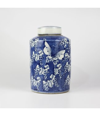 Fine Asianliving Chinesische Deckelvase Blau Weiß Porzellan Schmetterlinge D19xH29cm