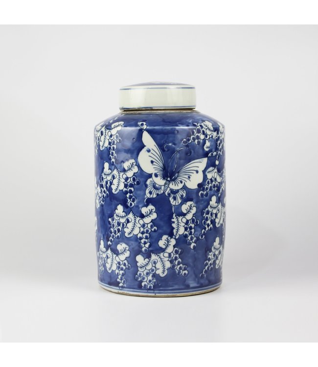 Chinese Ginger Jar Blue White Porcelain Butterflies D19xH29cm