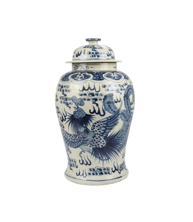 Pot à Gingembre Chinois Bleu Blanc Porcelaine Peint À La Main Dragon Phénix D27xH47cm