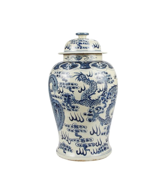 Pot à Gingembre Chinois Bleu Blanc Porcelaine Peint À La Main Dragon Phénix D27xH47cm